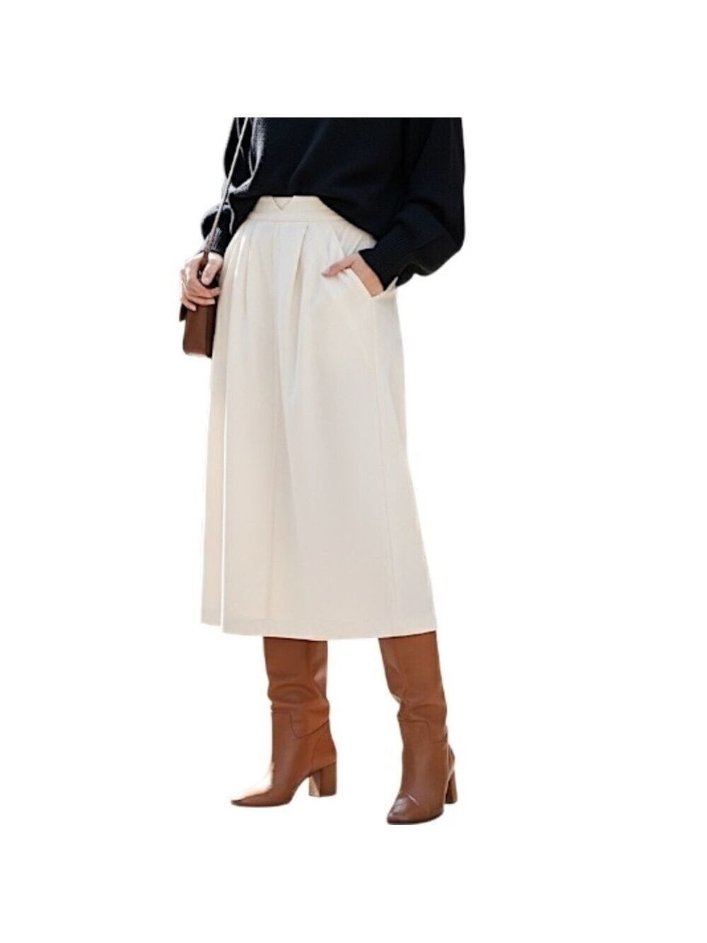 VTG 80s ivory white wool blend pleated preppy old money midi skirt EU 40 US S